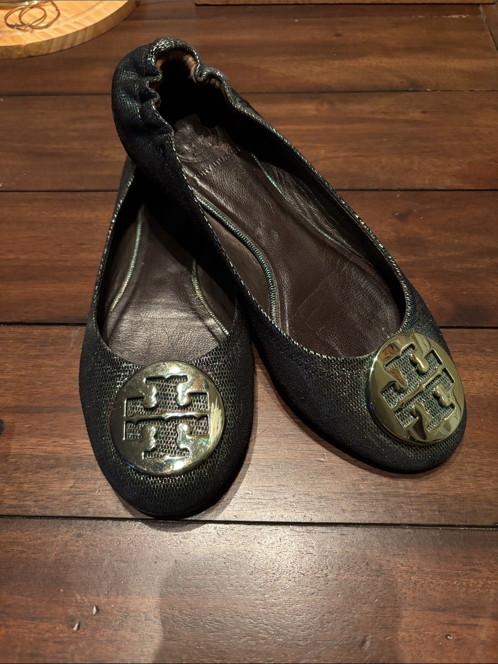 Tory Burch Black Metallic Logo Ballet Flats